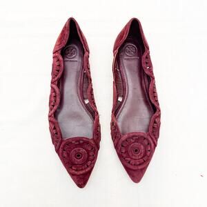 Tory Burch Leyla Laser-Cut Suede Flats Pointy Toe Red Burgundy Shoes Size 10